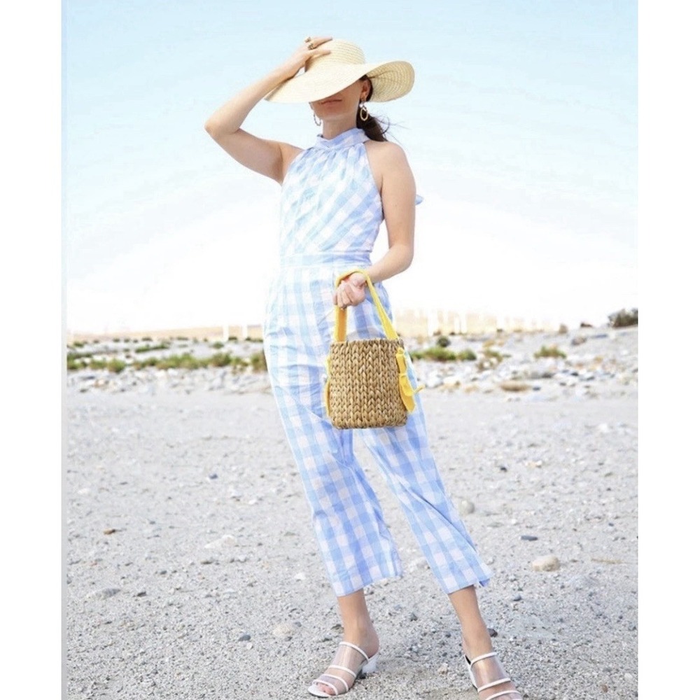 J Crew‎ Gingham Jumpsuit Sleeveless Sz 14 Pockets Cotton Lined Coastal Beach Bow